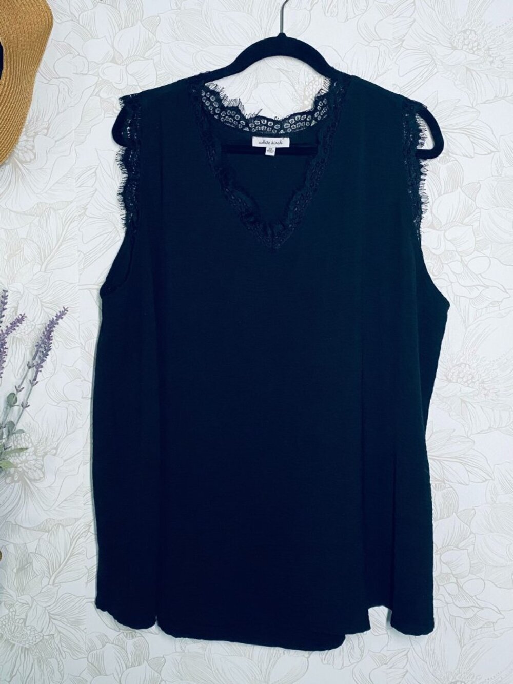 White Birch Black Sleeveless Lace Trim V-Neck Tank Top 3X